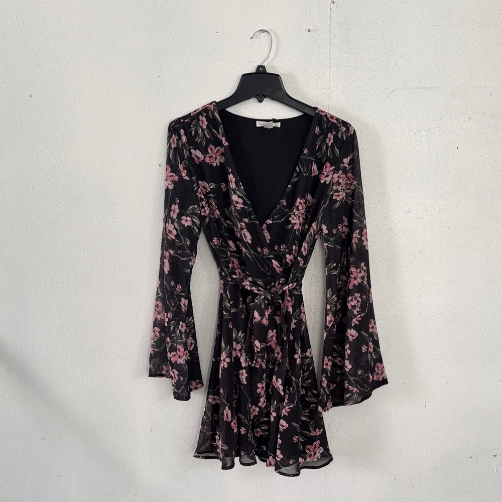 Love Riche Black and Pink Floral Long Sleeve Dress
